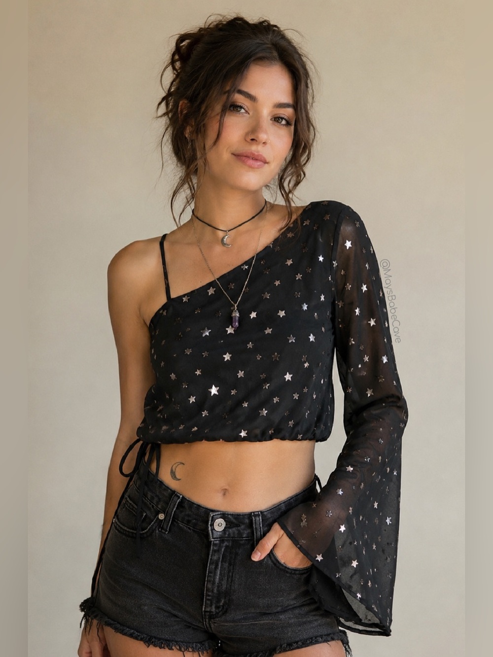 Black One Shoulder Starry Metallic Sheer Blouse